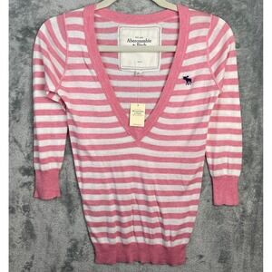 Vintage Abercrombie and Fitch Sweater Womens Small Pink Striped V Neck Y2K NEW